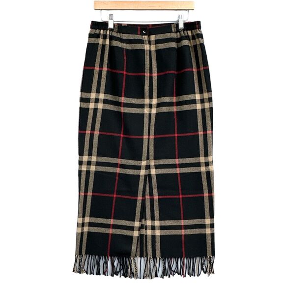 Nouveaux Plaid Maxi Skirt Womens Sz 14 Black Red Fringed Hem Fall Grunge Preppy - Picture 2 of 12